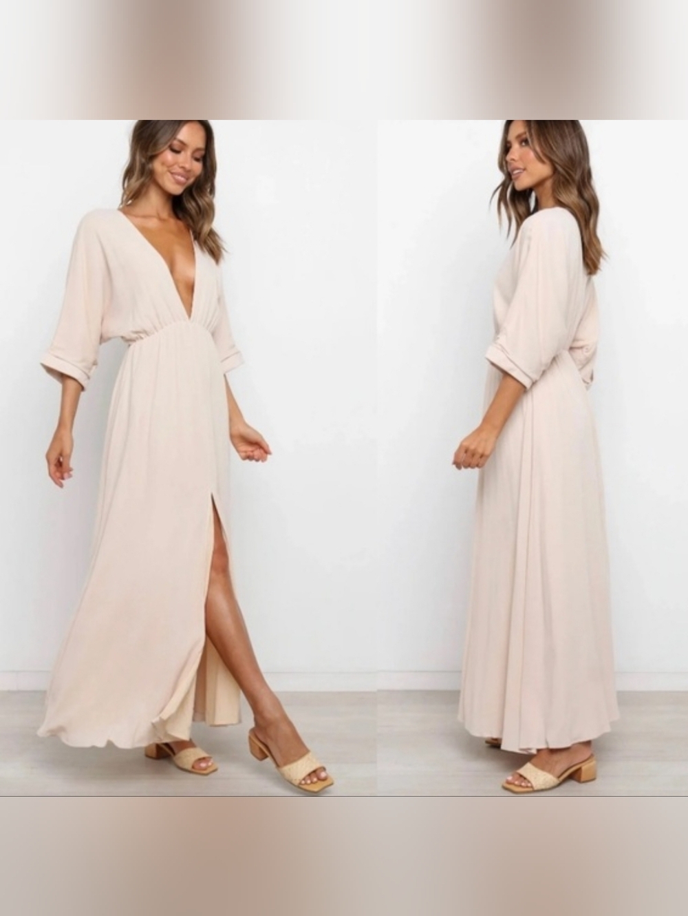 Girl and the Sun Bayview Maxi Dress Medium Beige Gauzy Deep V Slit Coastal Boho
